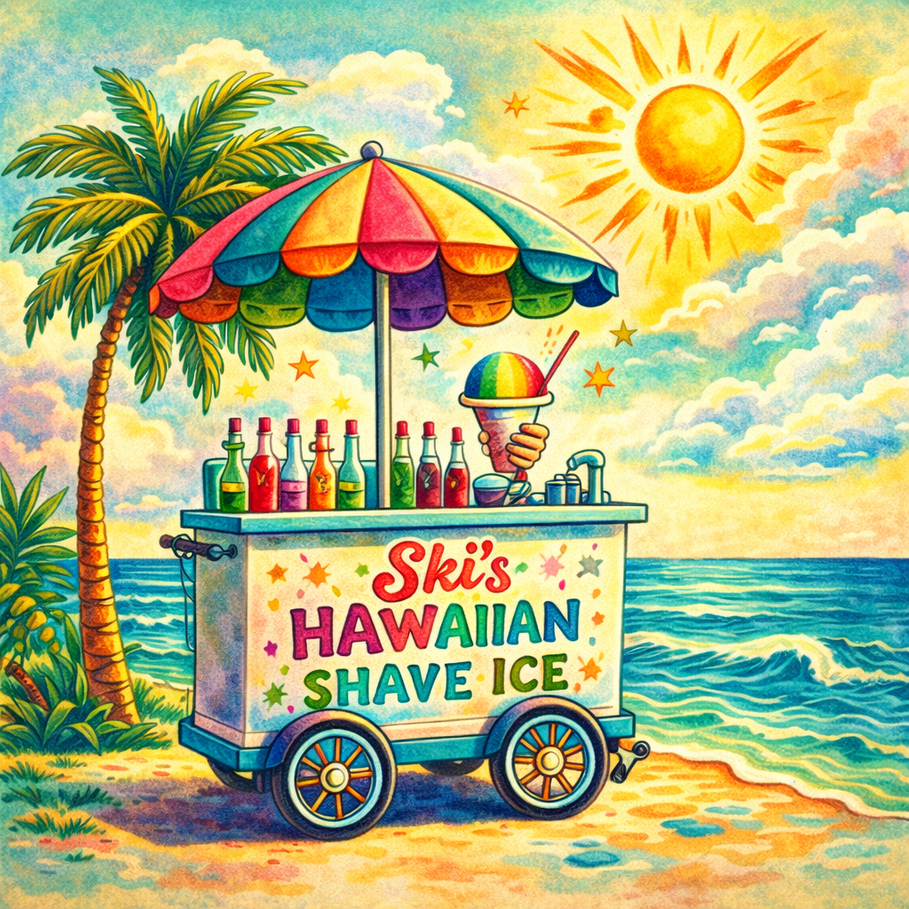 Illustration of Ski’s Hawaiian Shave Ice cart on a sunny beach